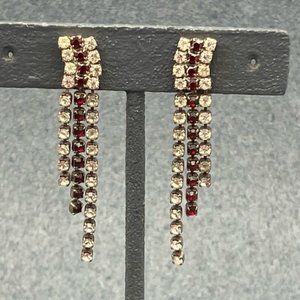 Clip On Earrings Red Rhinestone Silver Triple Dangle Curve Asymmetrical Bling